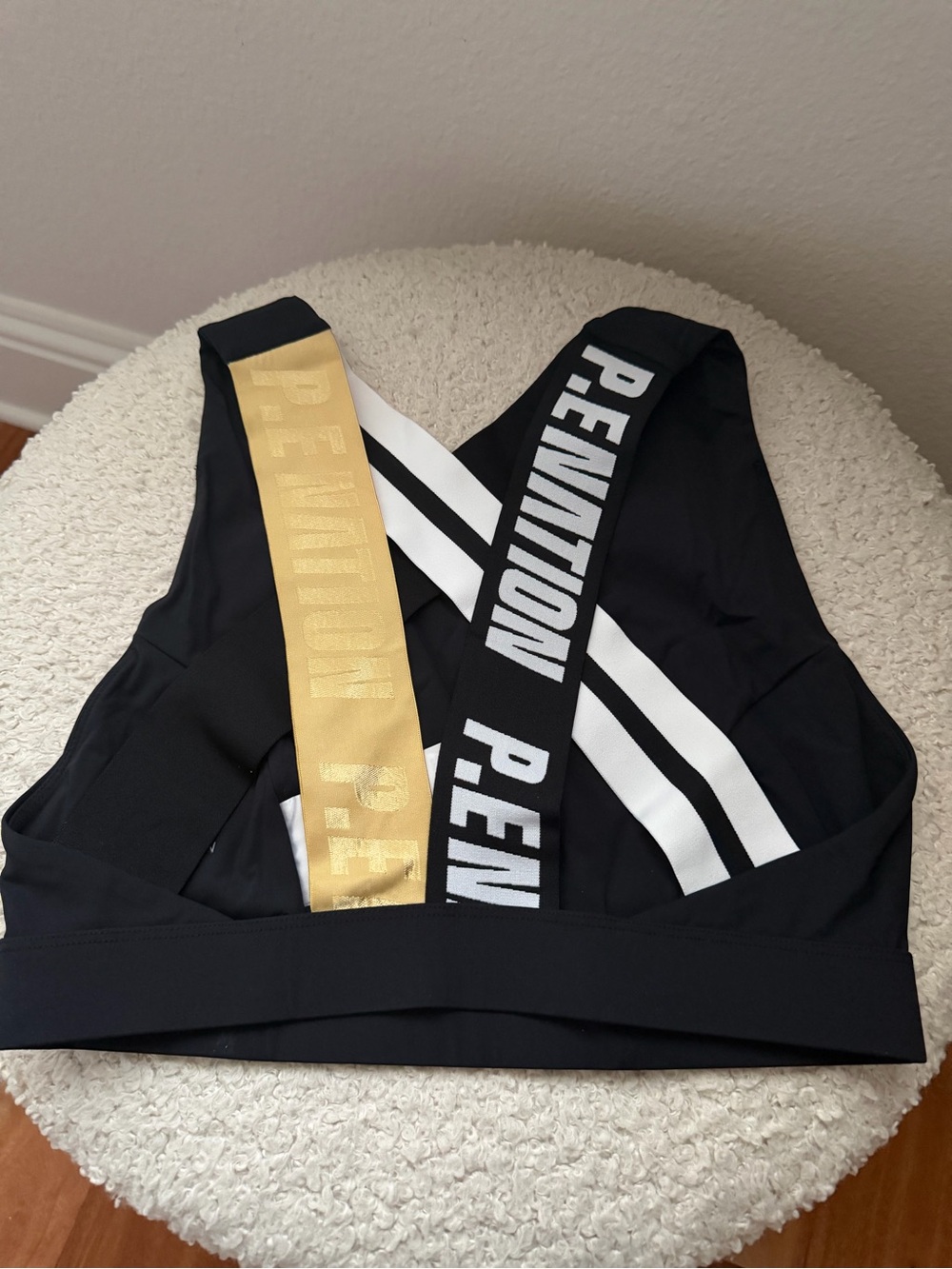 P.E Nation Black Sports Bra with Gold and White Straps